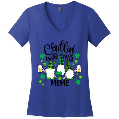 Chillin With My Meme St Patricks Day Gnomes Garden Gnome Women's V-Neck T-Shirt