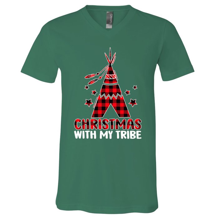 Christmas with My Tribe Buffalo Plaid Matching Pajamas V-Neck T-Shirt