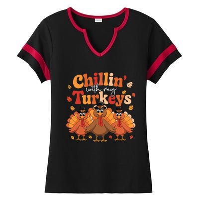 Chillin With My Turkeys Thanksgiving Family Matching Ladies Halftime Notch Neck Tee