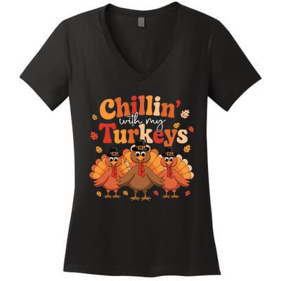 Chillin With My Turkeys Thanksgiving Family Matching Women's V-Neck T-Shirt