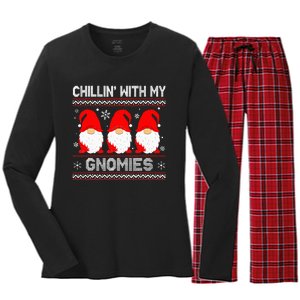 Chillin With My Gnomies Matching Family Christmas Gnome Women's Long Sleeve Flannel Pajama Set 