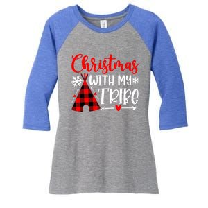 Christmas With My Tribe Red Plaid Family Matching Outfit Gift Women's Tri-Blend 3/4-Sleeve Raglan Shirt