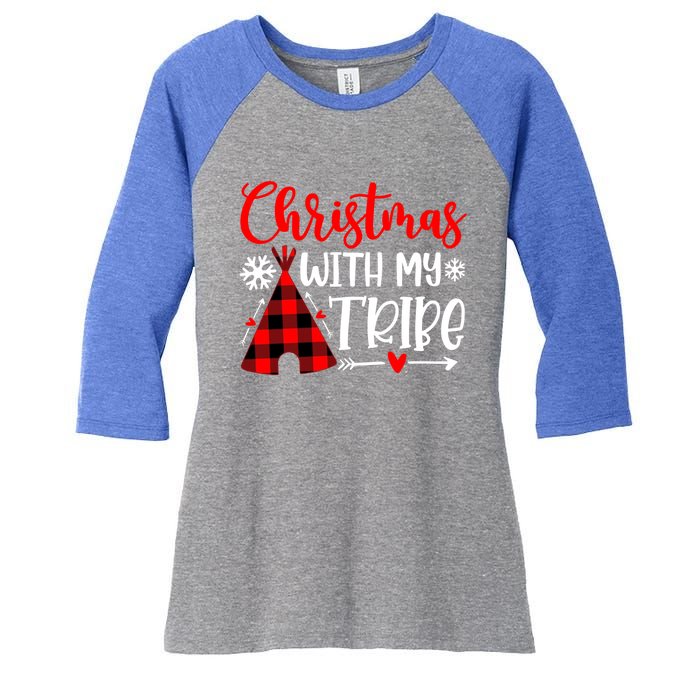 Christmas With My Tribe Red Plaid Family Matching Outfit Gift Women's Tri-Blend 3/4-Sleeve Raglan Shirt