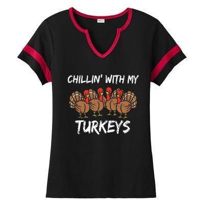 Chillin With My Turkeys Retro Thanksgiving Family Boys Ladies Halftime Notch Neck Tee