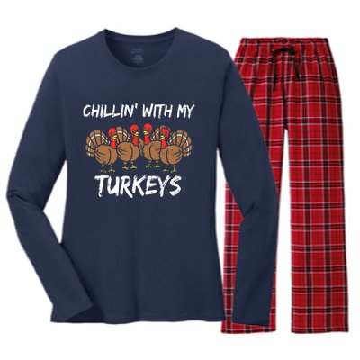 Chillin With My Turkeys Retro Thanksgiving Family Boys Women's Long Sleeve Flannel Pajama Set 