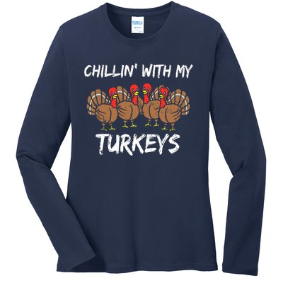 Chillin With My Turkeys Retro Thanksgiving Family Boys Ladies Long Sleeve Shirt