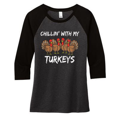 Chillin With My Turkeys Retro Thanksgiving Family Boys Women's Tri-Blend 3/4-Sleeve Raglan Shirt