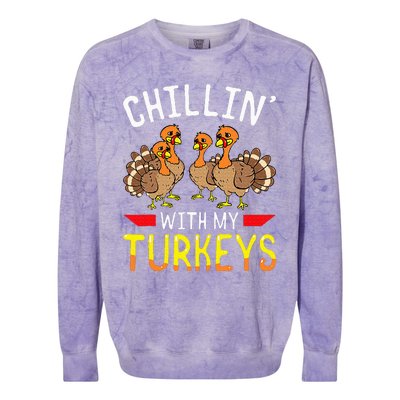 Chillin With My Turkeys Thanksgiving Family Kids Colorblast Crewneck Sweatshirt