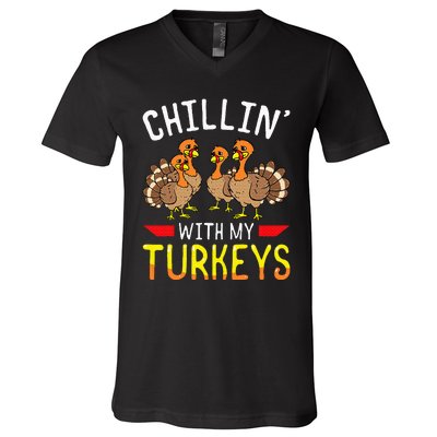 Chillin With My Turkeys Thanksgiving Family Kids V-Neck T-Shirt