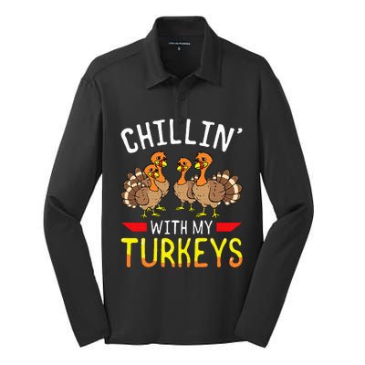 Chillin With My Turkeys Thanksgiving Family Kids Silk Touch Performance Long Sleeve Polo