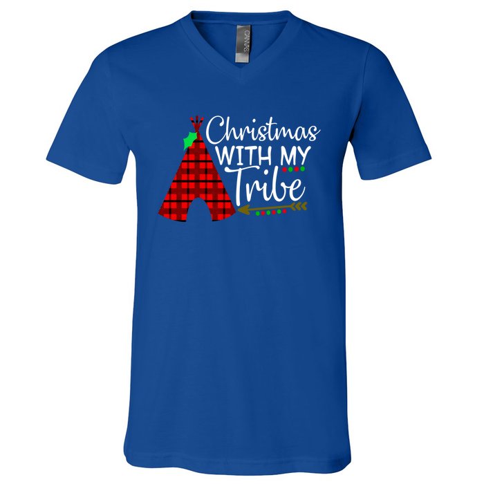 Christmas With My Tribe Red Plaid Family Matching Outfit Funny Gift V-Neck T-Shirt