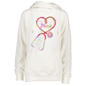 Cute Watercolor Nurse Heart Stethoscope Womens Funnel Neck Pullover Hood