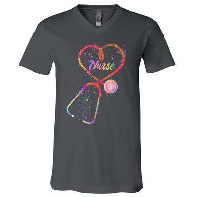 Cute Watercolor Nurse Heart Stethoscope V-Neck T-Shirt