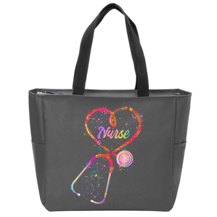 Cute Watercolor Nurse Heart Stethoscope Zip Tote Bag