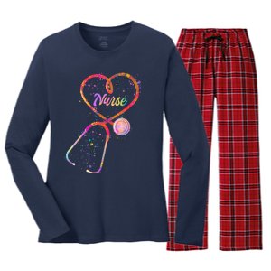 Cute Watercolor Nurse Heart Stethoscope Women's Long Sleeve Flannel Pajama Set 