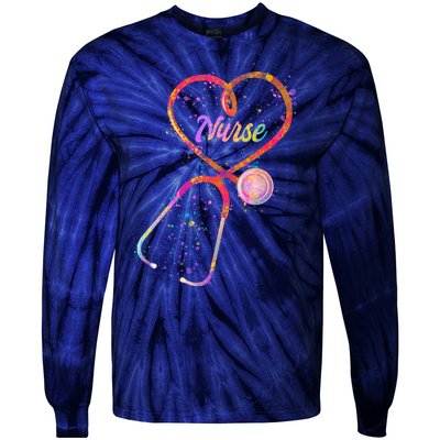 Cute Watercolor Nurse Heart Stethoscope Tie-Dye Long Sleeve Shirt