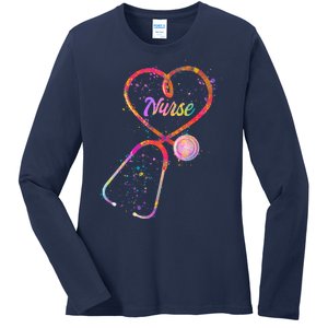 Cute Watercolor Nurse Heart Stethoscope Ladies Long Sleeve Shirt