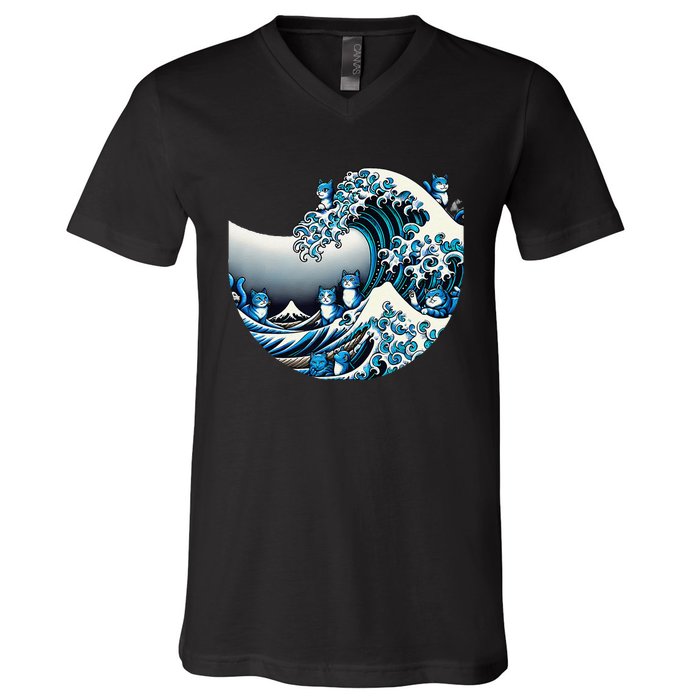 Cute Wave Of Blue Cats For Kamala Funny Gift V-Neck T-Shirt