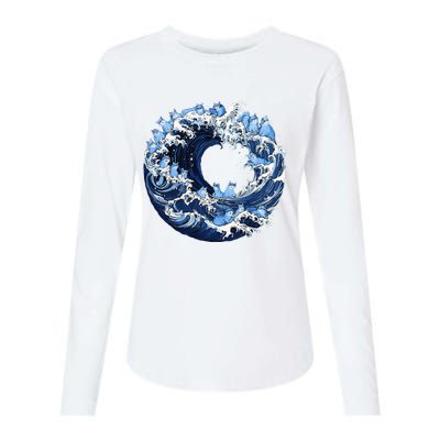 Cute Wave Of Blue Cats For Kamala Womens Cotton Relaxed Long Sleeve T-Shirt