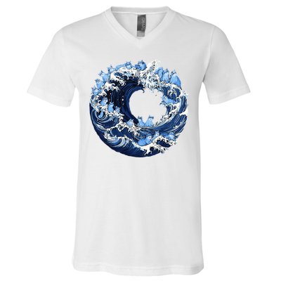 Cute Wave Of Blue Cats For Kamala V-Neck T-Shirt