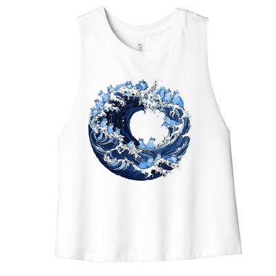 Cute Wave Of Blue Cats For Kamala Women's Racerback Cropped Tank