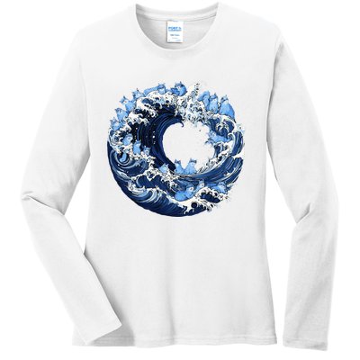 Cute Wave Of Blue Cats For Kamala Ladies Long Sleeve Shirt