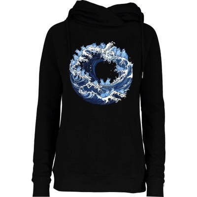 Cute Wave Of Blue Cats For Kamala Womens Funnel Neck Pullover Hood