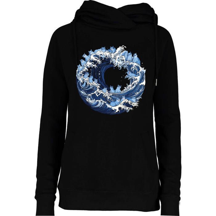 Cute Wave Of Blue Cats For Kamala Womens Funnel Neck Pullover Hood