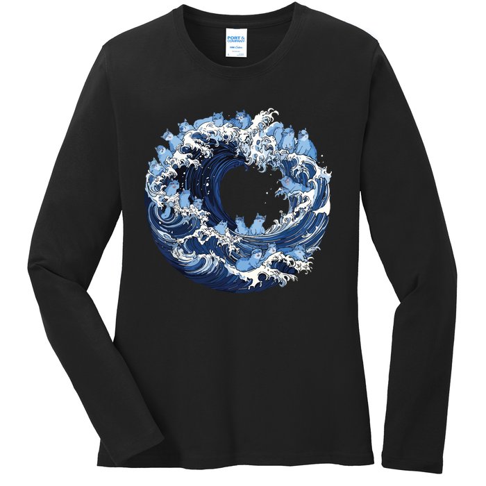 Cute Wave Of Blue Cats For Kamala Ladies Long Sleeve Shirt