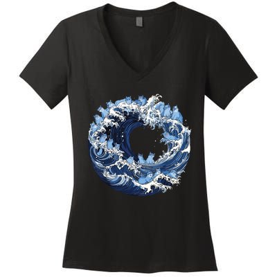 Cute Wave Of Blue Cats For Kamala Women's V-Neck T-Shirt