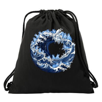 Cute Wave Of Blue Cats For Kamala Drawstring Bag