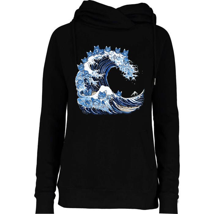 Cute Wave Of Blue Cats For Kamala Womens Funnel Neck Pullover Hood