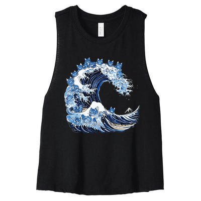 Cute Wave Of Blue Cats For Kamala Women's Racerback Cropped Tank