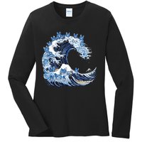 Cute Wave Of Blue Cats For Kamala Ladies Long Sleeve Shirt