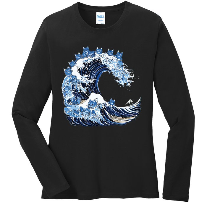 Cute Wave Of Blue Cats For Kamala Ladies Long Sleeve Shirt