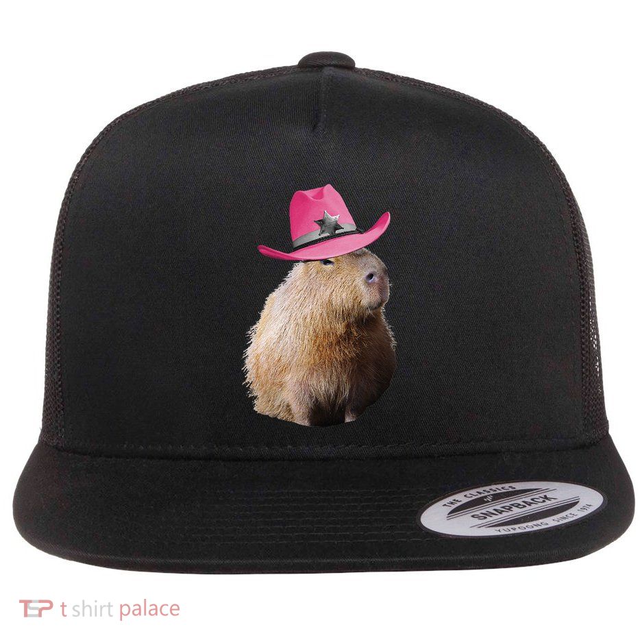 Capybara Wearing Pin.K Cowboy Hat Funny Cute Flat Bill Trucker Hat