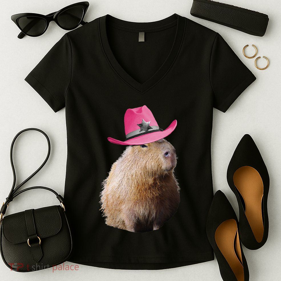 Capybara Wearing Pin.K Cowboy Hat Funny Cute Women's V-Neck T-Shirt