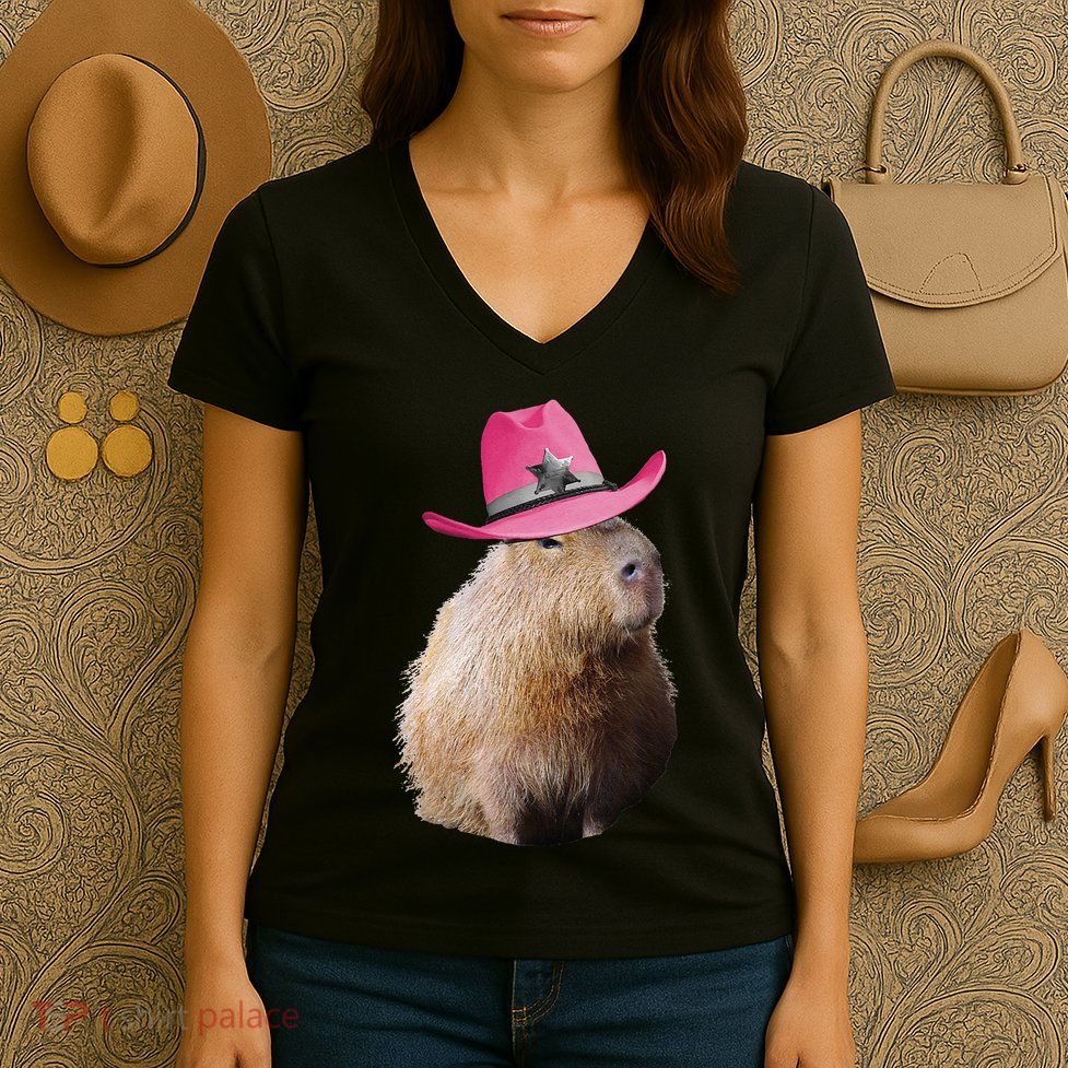 Capybara Wearing Pin.K Cowboy Hat Funny Cute Women's V-Neck T-Shirt