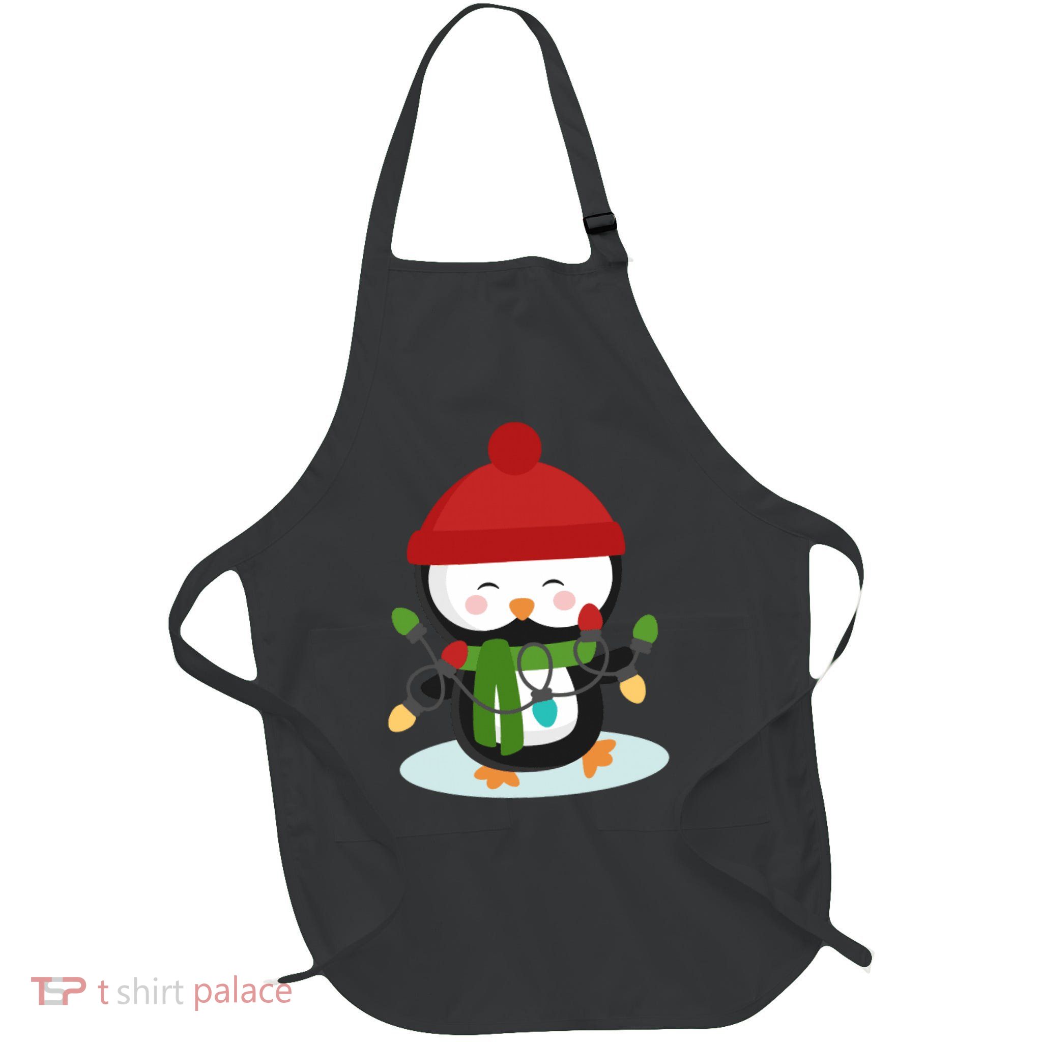 Cute Winter Penguin Christmas Lights Full-Length Apron With Pockets