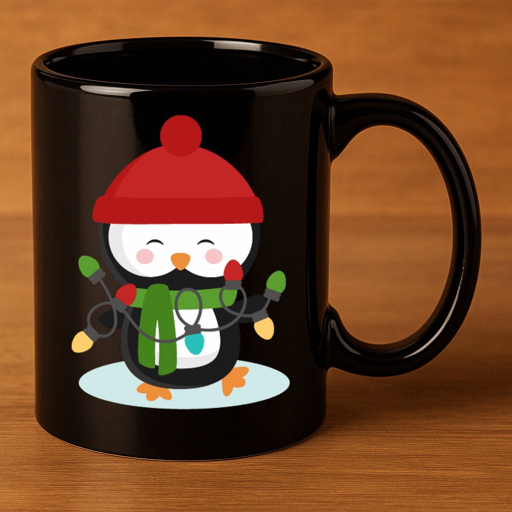 Cute Winter Penguin Christmas Lights 11oz C Handle Ceramic Mug