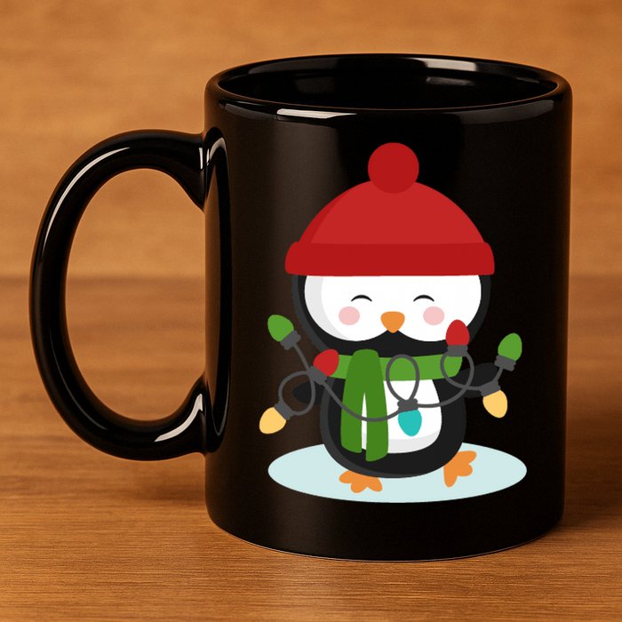 Cute Winter Penguin Christmas Lights 11oz C Handle Ceramic Mug