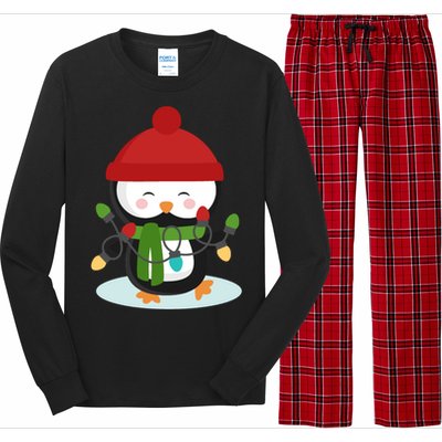 Cute Winter Penguin Christmas Lights Long Sleeve Pajama Set