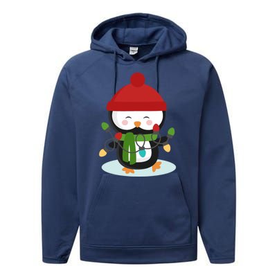 Cute Winter Penguin Christmas Lights Performance Fleece Hoodie