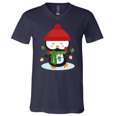 Cute Winter Penguin Christmas Lights V-Neck T-Shirt