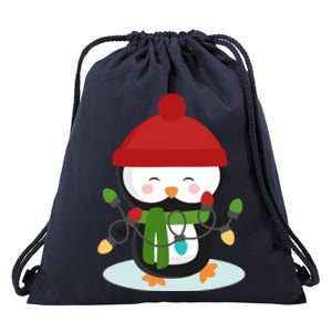 Cute Winter Penguin Christmas Lights Drawstring Bag