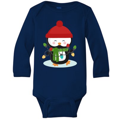 Cute Winter Penguin Christmas Lights Baby Long Sleeve Bodysuit