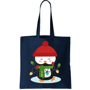 Cute Winter Penguin Christmas Lights Tote Bag