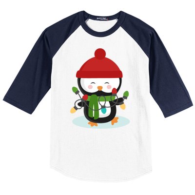 Cute Winter Penguin Christmas Lights Baseball Sleeve Shirt