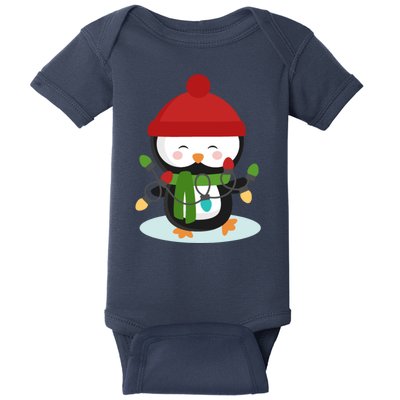 Cute Winter Penguin Christmas Lights Baby Bodysuit