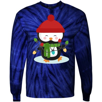 Cute Winter Penguin Christmas Lights Tie-Dye Long Sleeve Shirt